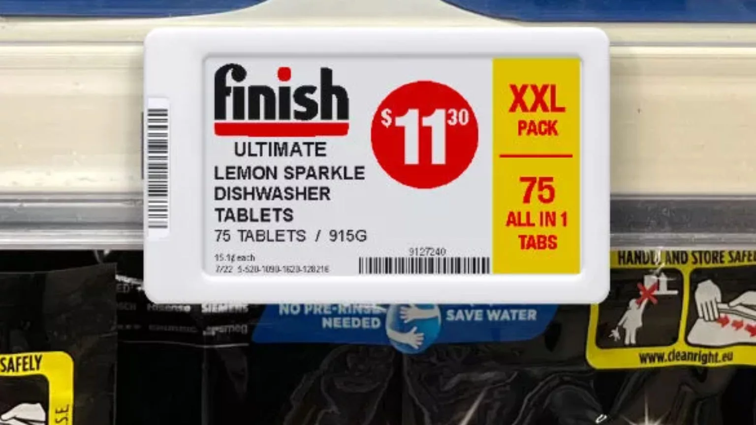 Retail shelf label for Finish Ultimate Lemon Sparkle Dishwasher Tablets showing $11.30 with real-time updates